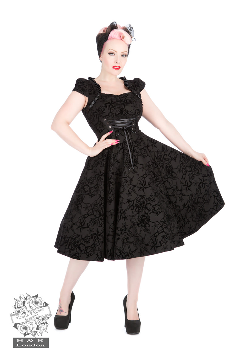 Black Flocked Evening Swing Dress